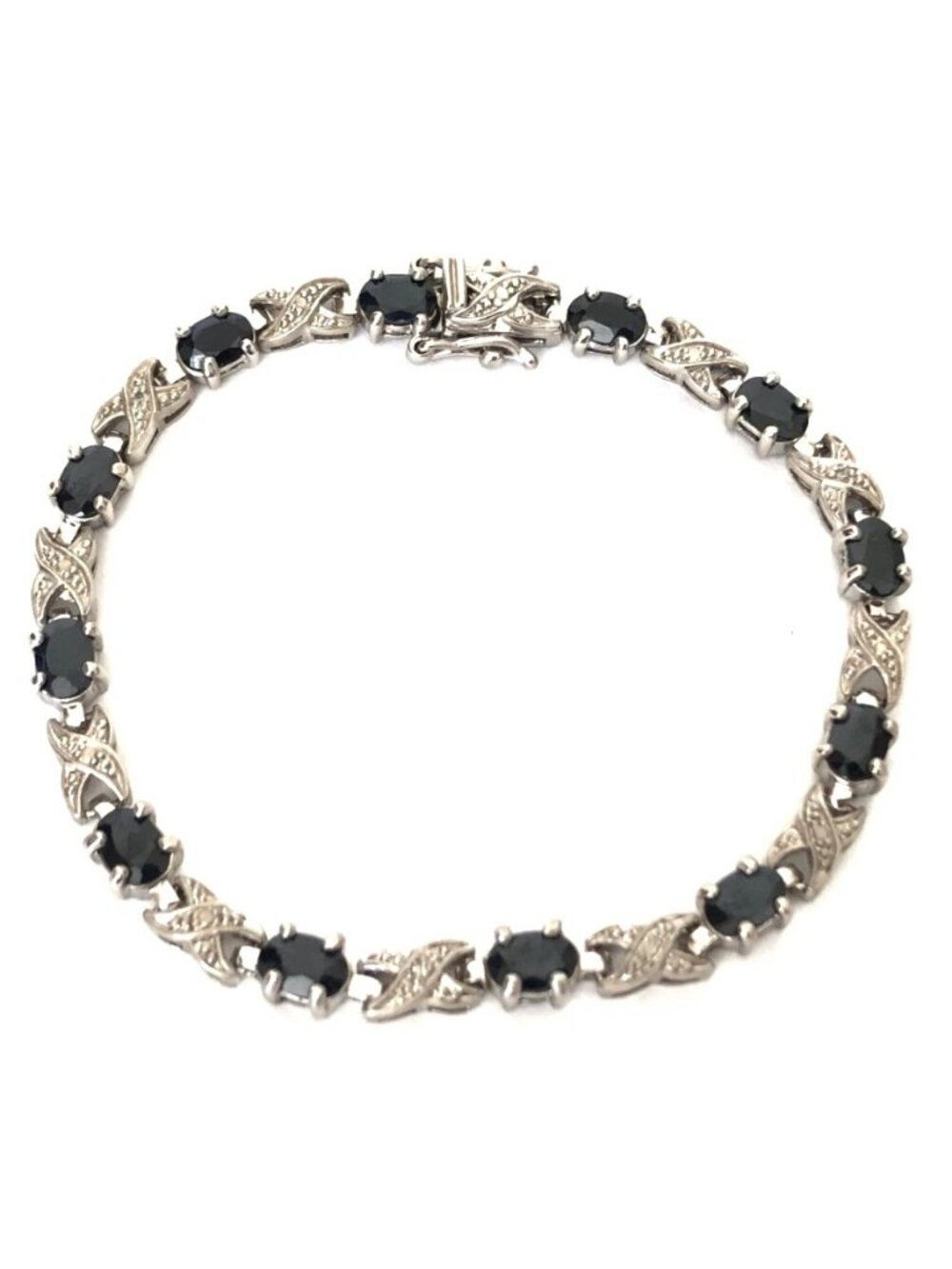 Blue Sapphire Diamond Sterling Silver 925 Link Tennis Bracelet Estate Find 7.25"